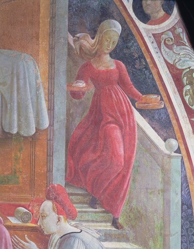 Jungfruns födelse, detalj av en tjänarinna från freskcykeln The Lives of the Virgin och St. Stephen, från Cappella dell" Assunta av Paolo Uccello