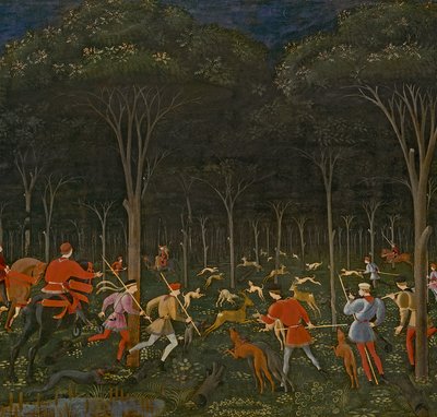Jakten i skogen, c.1465-70 olja på paneldetalj av 100861 av Paolo Uccello