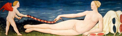 Venus på kuddar håller en krans av blommor med en putto, av Paolo di Stefano Badaloni Schiavo