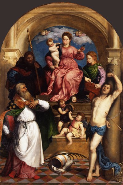 Madonna på tronen med barn och heliga, ca 1530 av Paris Bordone