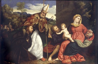 Helig familj med den helige Ambrosius som presenterar en donator, ca 1525 (olja på panel) av Paris Bordone