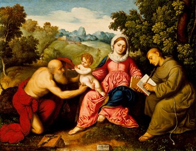 Madonna och barn med de heliga Jerome och Franciskus, ca 1525 av Paris Bordone