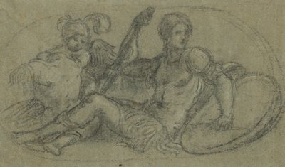 Sittande manlig figur med putto och rustning av Paris Bordone