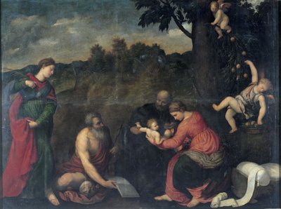 Den heliga familjen med de heliga Jerome, Katarina av Alexandria och änglar (olja på duk) av Paris Bordone