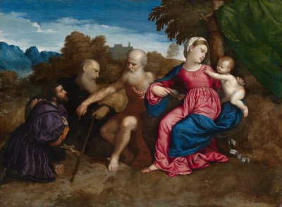 Jungfru Maria och barnet med de heliga Hieronymus och Anthony Abbot och en donator, ca 1522 (olja på poppelpanel) av Paris Bordone