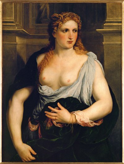 Kvinna i grön kappa (målning på duk) av Paris Bordone