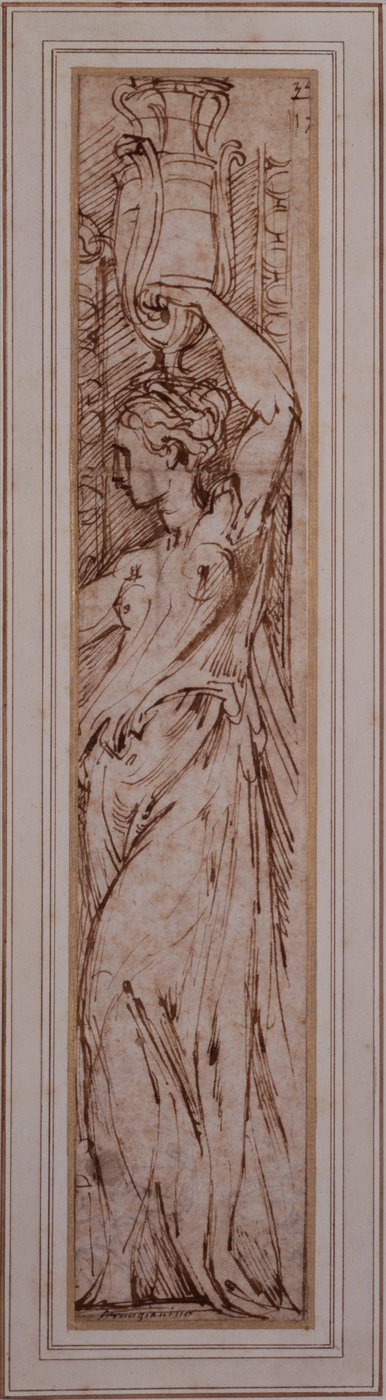En Canephoros i profil till vänster (penna, bläck och tvätt på papper) av Parmigianino