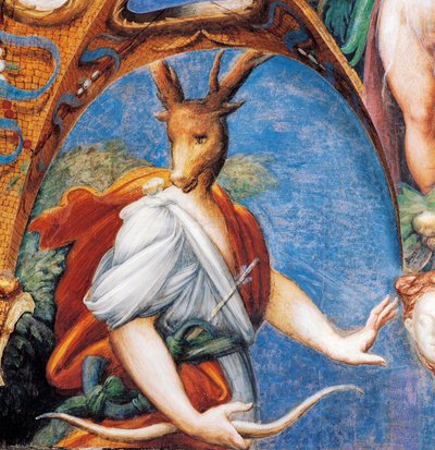 Actaeons förvandling till hjort, från Myth of Diana and Actaeon, cirka 1524, av Francesco Mazzola känd som Parmigianino (1503-1540), fresk, Room of Diana and Actaeon, Rocca Sanvitale, Fontanellato, nära Parma, Emilia-Romagna, Italien av Parmigianino