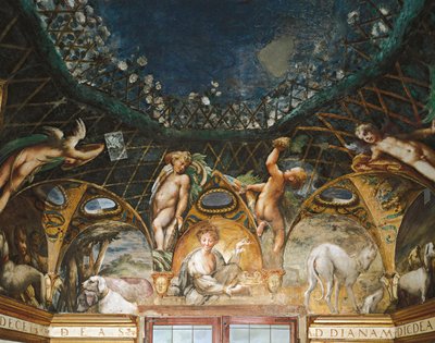 Ceres deltar i evenemang omgiven av jakthundar och keruber, från Myth of Diana and Actaeon av Parmigianino