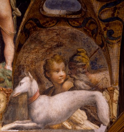 Hund och jägare, från Myth of Diana and Actaeon av Parmigianino