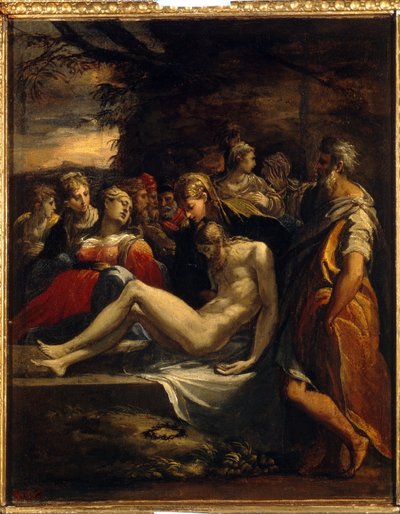 Kristi gravläggning. Kristi kropp placerad i ett begravningshölje, av Jungfru Maria, Maria Magdalena och Sankt Johannes. Målning av Parmigianino (1503-1540), olja på duk. Italiensk konst (Parma) av Parmigianino