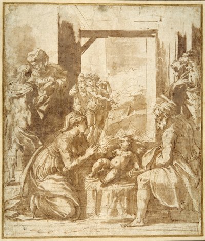 Födelsen (penna och brunt bläck med brun tvätt på vitt papper) av Parmigianino