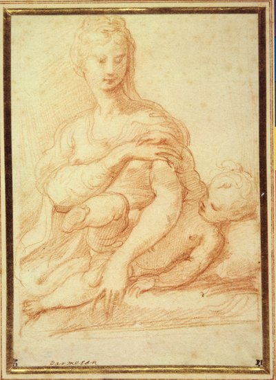 Jungfrun leker med barnet i hennes knä (röd krita på vitt papper) av Parmigianino