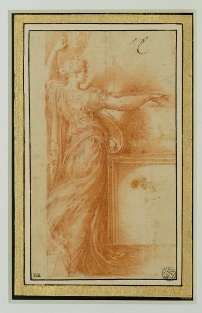 En canephore. Sanguine, vita höjdpunkter, beige papper ... av Parmigianino (1503-40)