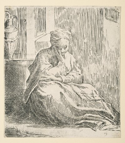 Kvinna som sitter på marken, känd som Saint Thais (Etching) av Parmigianino