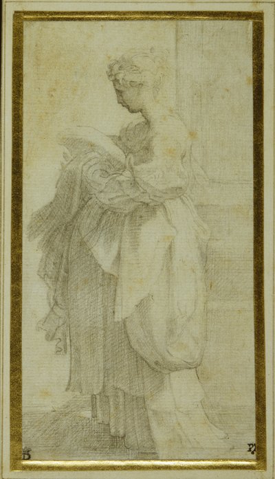 Stående figur av en flicka med skrymmande draperier (svart krita på vitt papper) av Parmigianino 