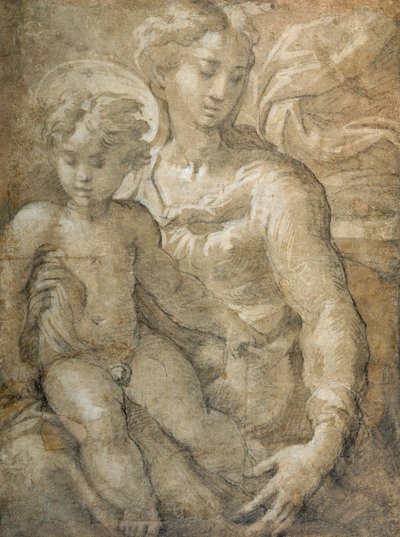Jungfru med barnet i knät (svart krita med brun tvätt & vit kroppsfärg på papper) av Parmigianino 