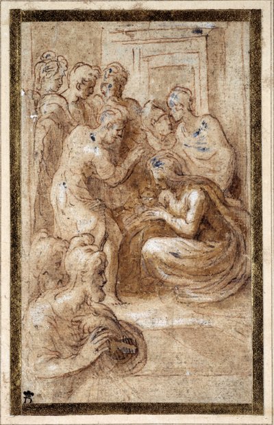 Tillbedjan av den heliga familjen i en interiör (penna & brunt bläck med brun tvätt och vit förhöjning på krämpapper) av Parmigianino 
