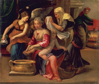 Bathing of a Baby (olja på panel) av Parmigianino