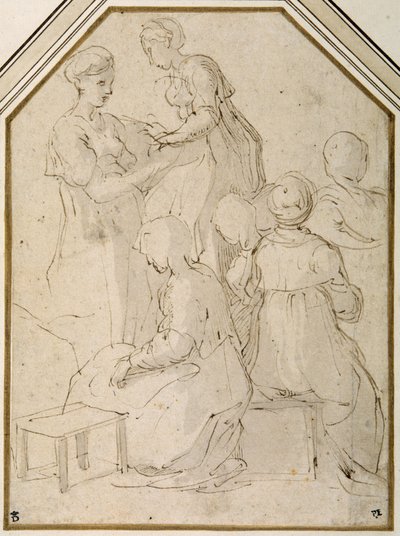 Inhemsk grupp, två stående kvinnor och fyra sittande (penna & brunt bläck med en blekbrun tvätt på vitt papper) av Parmigianino