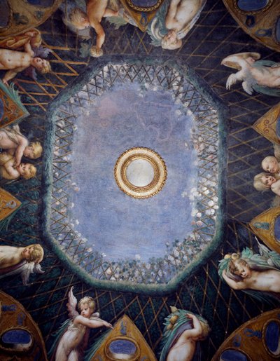Putti och glimt av himlen, cirka 1524, av Francesco Mazzola, känd som Parmigianino (1503-1540), fresk, valv av Room of Diana och Actaeon, Rocca Sanvitale, Fontanellato, nära Parma, Emilia-Romagna, Detail, Italien av Parmigianino