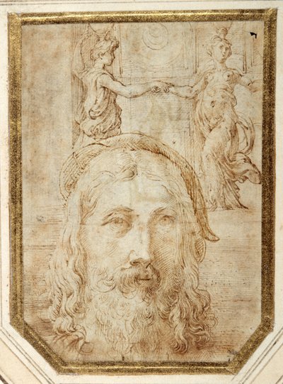 Självporträtt, påtvingat förstudier för två canephori av Steccata (penna & brunt bläck på vitt papper) av Parmigianino