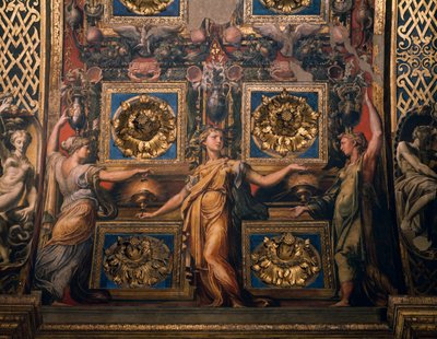 Tre kloka jungfrur, detalj av Tre kloka jungfrur och tre dåraktiga jungfrur, av Francesco Mazzola känd som Il Parmigianino, fresk, undersidan av bågen av presbyteriet, helgedomen Santa Maria della Steccata, Parma, Emilia-Romagna. Italien av Parmigianino