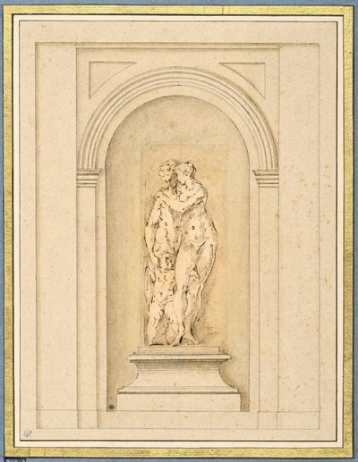 Två figurer och en amor omgivna av en senare arkitektonisk ram av Parmigianino