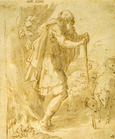 Gammal herde som lutar sig mot en stav av Parmigianino