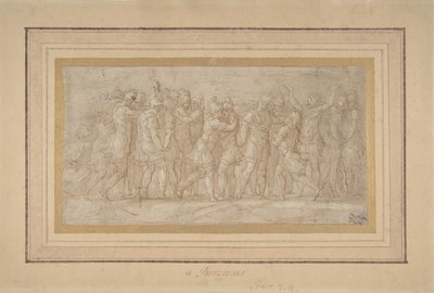 Romerska eller grekiska krigare som firar efter en seger., 1503-40. av Parmigianino