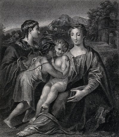 Heliga Maria (den välsignade jungfrun) med Kristusbarnet, den helige Johannes Döparen och den heliga Maria Magdalena. Gravyr efter G.F.M. Mazzola, il Parmigianino. av Parmigianino