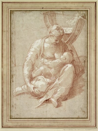 Jungfru sitter på marken och ammar barnet av Parmigianino