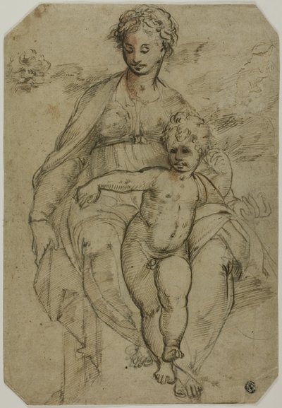 Jungfru och barn (recto); Skiss över tre heliga och karikatyrskiss (verso) av Parmigianino