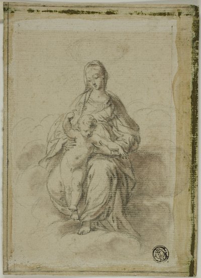 Jungfru Maria och barnet sittande på moln av Parmigianino