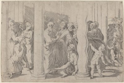 De heliga Peter och Johannes botar den lame mannen vid den gyllene porten av Parmigianino after Raphael