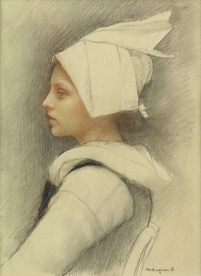 A Breton Girl (färgad krita på papper) av Pascal Adolphe Jean Dagnan Bouveret
