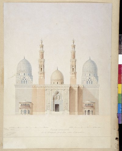 Arkitektur: huvudfasadprojektet för moskén i Alexandria. Egypten. Teckning av Pascal Coste (1787-1879) av Pascal Xavier (after) Coste