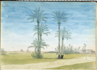 Egypten: "" Pyramids of Gyze (Guizeh, Guiseh, Giza) Teckning av Pascal Coste (1787-1879) Museum of Mediterranean Archaeology, Marseille av Pascal Xavier (after) Coste