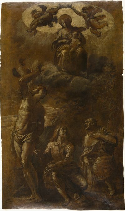 Jungfru och barn i härlighet med de heliga Sebastian, Johannes evangelisten och Roch av Pasquale Ottino