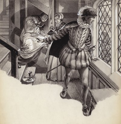 Ein Priester schlüpft in ein Priesterloch von Pat (1907-95) Nicolle