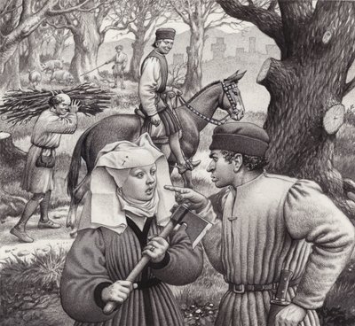 Eine Frau gerät in Schwierigkeiten, als sie einen Ast eines Baumes absägt von Pat (1907-95) Nicolle