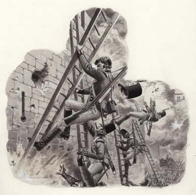 Brittiska soldater under beskjutning av fransmän under anfallet mot Badajoz (gouache på papper) av Pat (1907 95) Nicolle
