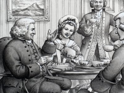 Dr. Johnson trinkt Tee, unterhalten von Mr. und Mrs. Thrale von Pat (1907-95) Nicolle