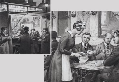 Edwardian Coffee Stall and Teashop (gouache på papper) av Pat (1907 95) Nicolle