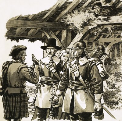 Versteckt in einem Heuboden eines Kleinbauern, lauschte der Marquis von Montrose, während Soldaten nach ihm suchten von Pat (1907-95) Nicolle