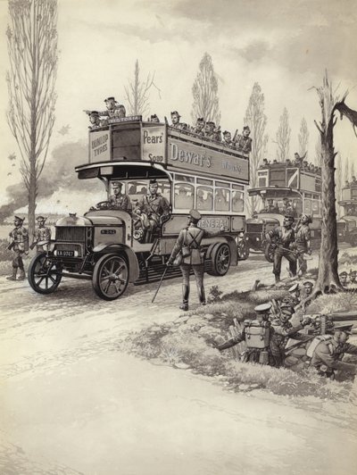 Londoner Busse transportieren Truppen an die Front während des Ersten Weltkriegs von Pat (1907-95) Nicolle