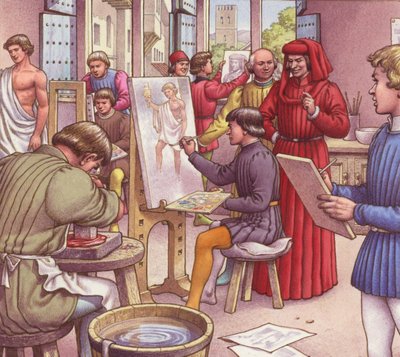 Lorenzo de Medici besöker konstnärsskolan (gouache på papper) av Pat (1907 95) Nicolle