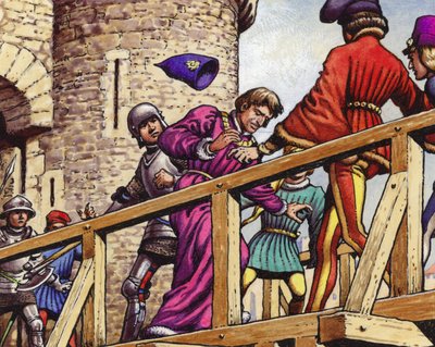 Der Dauphin trifft Johann den Furchtlosen, Herzog von Burgund, auf der Brücke über die Seine von Pat (1907-95) Nicolle