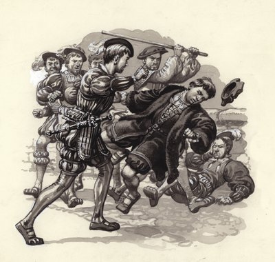 William Herbert attackerar en oskyldig förbipasserande i Bristol (gouache på papper) av Pat (1907 95) Nicolle