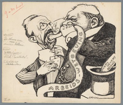 Minister Aalberse och arbetsgivaren Minister Aalberses rena fjädrar (titel på objekt) av Patricq Kroon (signed by artist)